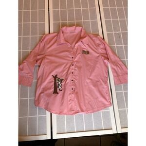Medium Darted Pink Button Down Cat Appliqués & Paw Prints Kitty Cat Women Shirt